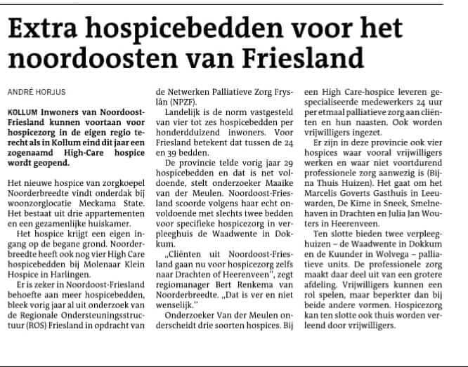 Extra hospicebedden voor het noordoosten van Friesland